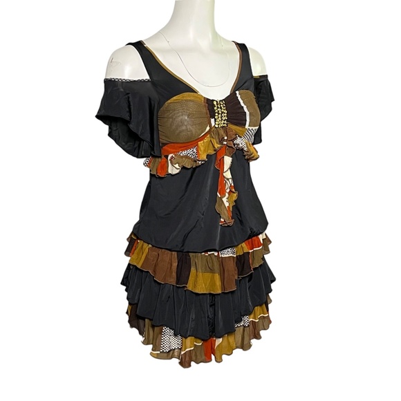 Roberto Just Cavalli Y2K Patchwork Ruffle Tiered Cold Shoulder Mini Dress Size M - Picture 2 of 10